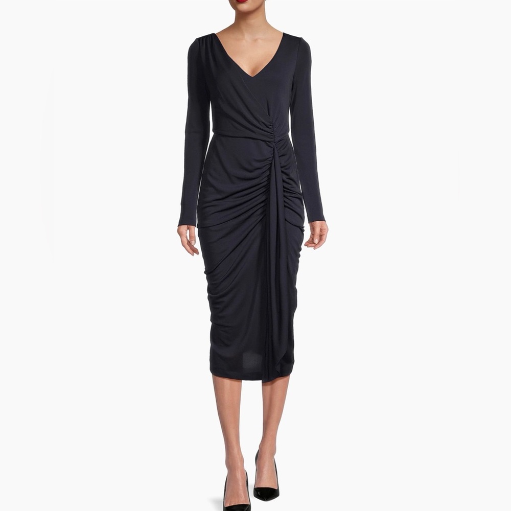 Donna Karen New York -Cascade Long-Sleeve Midi-Dress - Navy - Size 6